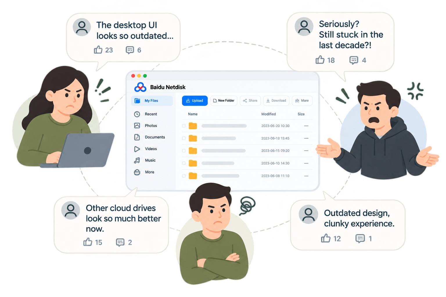 User feedback illustration showing complaints about Baidu Netdisk's outdated desktop interface